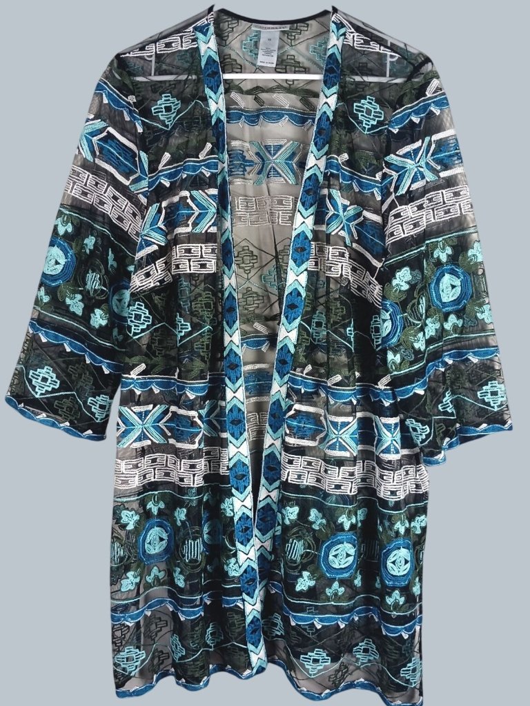 Catherines Sheer Embroidered Cardigan Womens 1x Boho Kimono Coverup Coastal